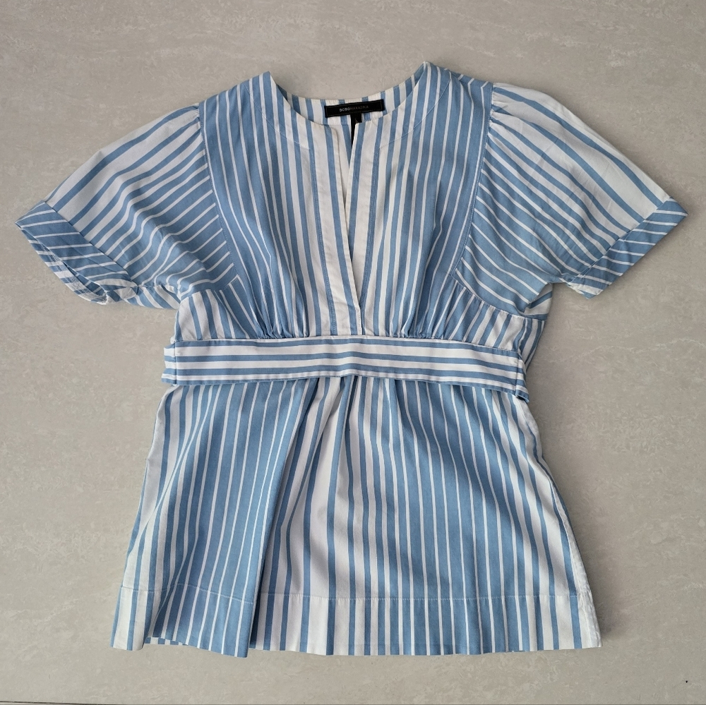 BCBGMaxAzria Plunge V-Neck Striped Blouse with Tie - Blue and White - Size XS